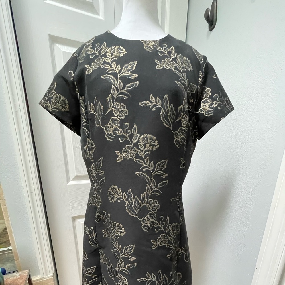 Shimmer Brocade Fit And Flare Elegant Black and Gold Floral Dress
